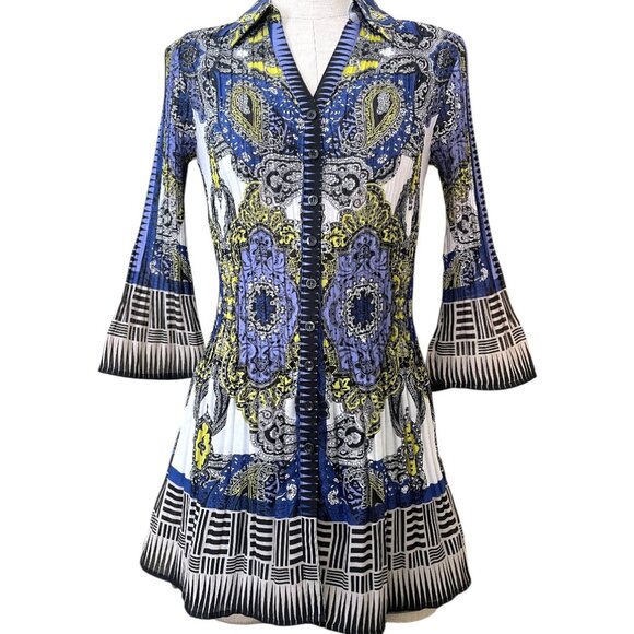 Alfani Geometric Paisley Print Pleated Crepe Feel Smart Collar Boho Mini Dress 6 - Picture 2 of 8